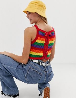 Lazy Oaf cami crop top with lace up back in knitted rainbow | ASOS
