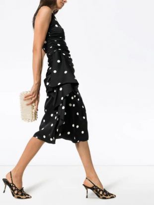 polka-dot ruffled ruched midi dress