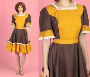 Robe vintage des années 70 Rockabilly Mini - Extra Large | Robe Retro carré danse volant Prairie journée Western