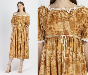 70s Automne Feuilles Boho Prairie Robe - Extra Small (fr) Dentelle vintage Trim Puff Sleeve Midi Hippie Robe