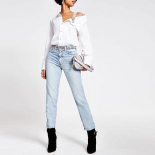 White Long Sleeve Diamante Shoulder Shirt