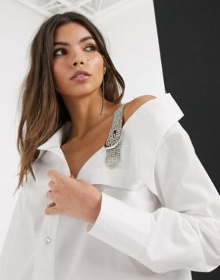 White Long Sleeve Dia­mante Shoul­der Shirt