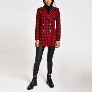 Red Dogtooth Print Double Breasted Jacket