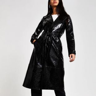 River Island - Black Vinyl Croc Embossed Trench Coat