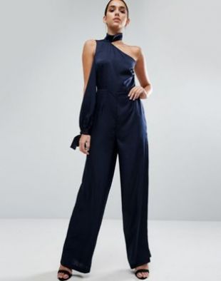 One Shoulder  Roll Neck Satin Jumpsuit