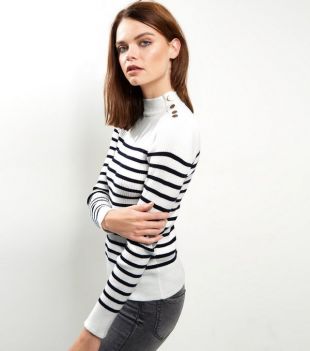 White Stripe Ribbed Button Trim Jumper