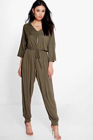 Oversized Casual Zip Front Jersey Jumpsuit