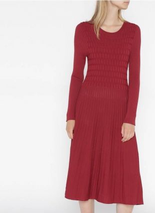 ROBE MIDI COL ROND EN MAILLE CÔTELÉE BORDEAUX