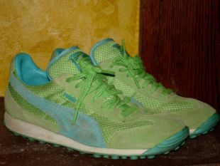 Vintage chaussures de sport Puma ladies chaux vert et turquoise gaufre tissu et daim chaussures de tennis RAD