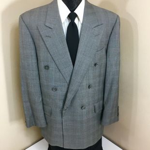 Hickey Freeman Men Gray Black Windowpane Sport Coat Double Breasted D/B Suit Wool Jacket BESPOKE Blazer 42 R