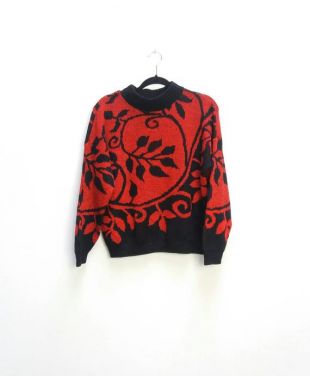 Leaf Jumper vintage Red Floral Jumper Glitter Jumper vintage Rouge et Noir Glittery Pullover Leaf Pattern Vintage Glitter Red Knit