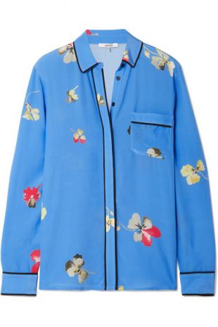 Blue Floral Print Silk Shirt