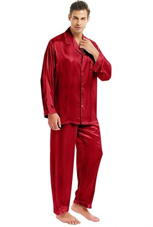Mens Satin Long Button-Down Pajamas Set