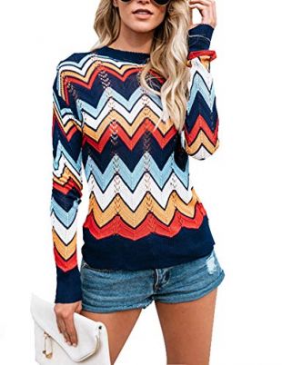 Crewneck Rainbow Color Striped Knit Sweater