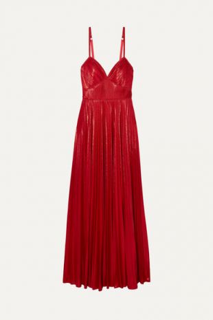 Marchesa Notte - Red Crocheted Lace Pleated Gown