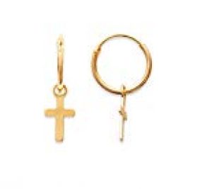Boucles d'Oreilles Plaqué Or - Créoles - Croix Catholique