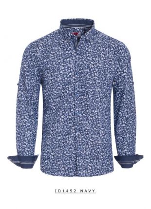 Nouveau Mens ID Long Sleeve Button Down Dress Shirt Slim Fitted Navy Blue With White Floral Print Front Pocket ID-1452