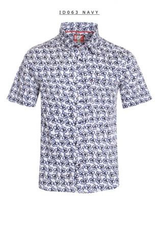 Nouvel Homme ID Extra Slim Short Sleeve Button Down Shirt White With Navy Blue Floral Pattern Front Pocket ID-063