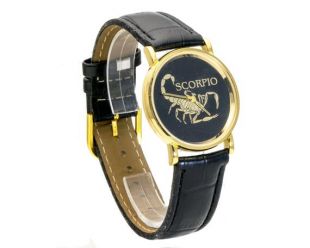 SCORPIO ZODIAC WATCH: J B Men's Black Leather Band Round Case Black Dial Gold Scorpion Sign Analog Battery Quartz Wrist Watch