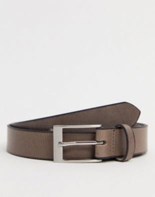 ASOS DESIGN - Ceinture fine en cuir avec boucle argentée et bordures brunies - Gris foncé | ASOS