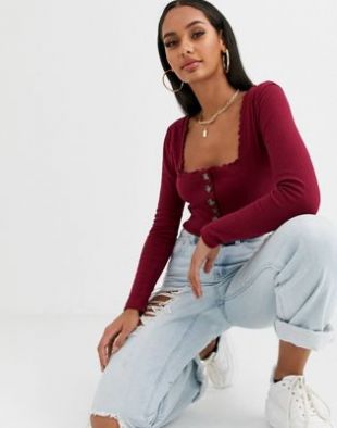 Missguided - Body à manches longues avec bordures ondulées - Bordeaux | ASOS