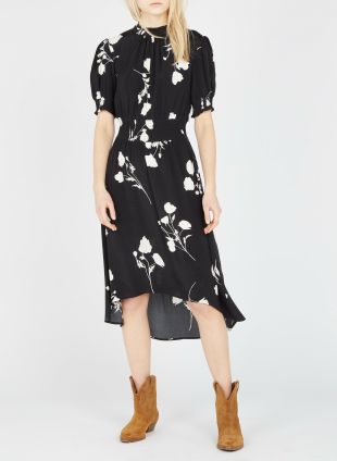 ROBE MIDI COL MONTANT IMPRIMÉE NOIR  - FEMME | Place des Tendances