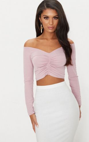 Completely Charmed Mauve Pink Ruched Long Sleeve Crop Top