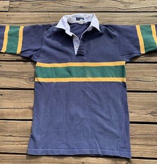 Vintage 1980s Patagonia Rugby Shirt Striped Blue Green Yellow Mens