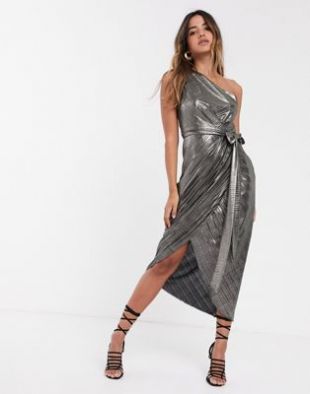 Gabria One Shoulder Drape Midi Dress in Metallic