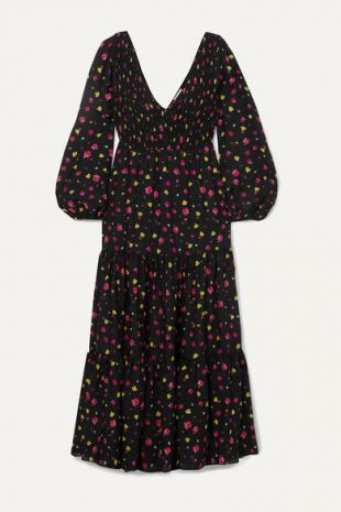 Lottie Shirred Floral Print Cotton And Silk Blend Midi Dress