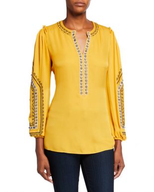 Eliza V-Neck Long-Sleeve Embellished Silk Blouse
