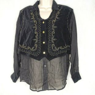 Vintage Wrangler Western Velvet Velour Vest Shirt Studded Rodeo Femmes Taille XL Sheer Long Sleeve Faux 2 Pièce