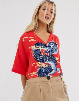 Bershka dragon print shirt in red | ASOS