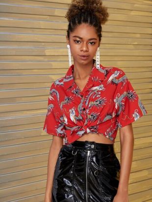 Dragon Print Button Front Drop Shoulder Blouse