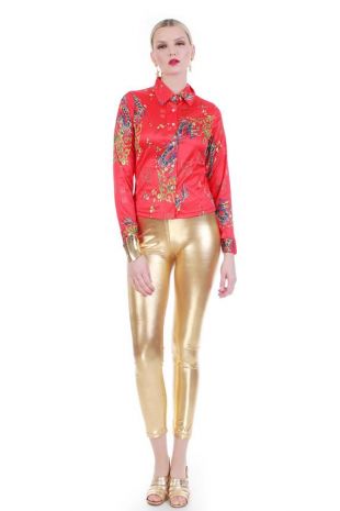 90s Red Dragon Asian Print Collared Button Down Silky Shiny Polyester Top Made in the USA Size XS/S 34" bust