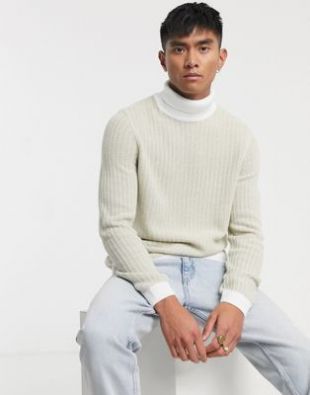 ASOS DESIGN textured rib turtleneck sweater with contrast ribs in white | ASOS