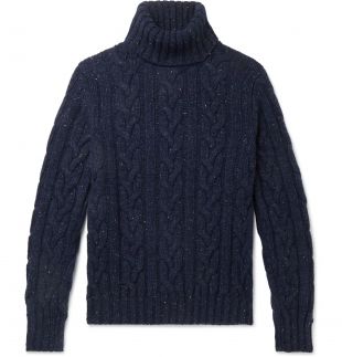 Kingsman - Navy Cable-Knit Donegal Wool and Cashmere-Blend Rollneck Sweater