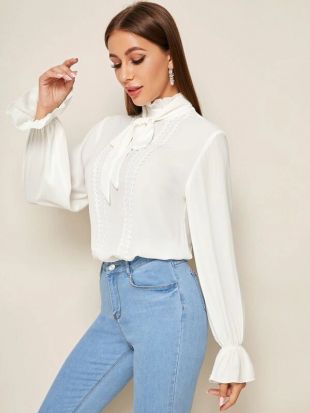 Shein - White Tie Neck Blouse