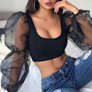 Haut de manches bouffantes en maille noire Vêtements de fête Haut de haute qualité Top Noir Vêtements club (en anglais) Vêtements de haute couture (haute couture) Nouvelle collection Top de culture tendance