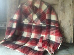 Veste de flanelle de laine à carreaux rouge et blanc, manteau chemise ombre par Shanhouse, rétro mi siècle Mens Zip Up