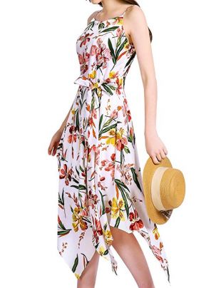 Gardenwed Women's Floral Spaghetti Straps Cocktail Dress Asymmetrical Chiffon Casual Beach Party Dress