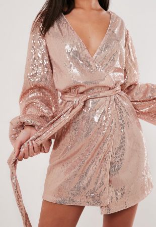 missguided rose gold sequin dress Disco Sequined V-Neck Flare Sleeve Mini Dress for Holiday Party Pink main image 1