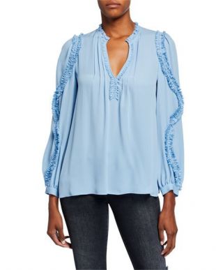 Esther V-Neck Long-Sleeve Ruffle-Trim Blouse