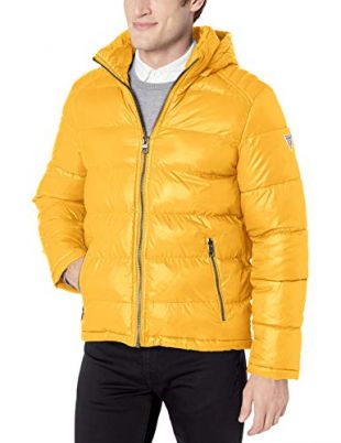 GUESS Men's Mid Weight Hooded Puffer Jacket, Yellow, Large