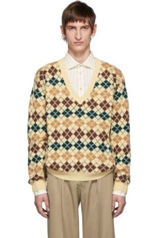 Gucci - Beige Argyle Wool V-Neck Sweater