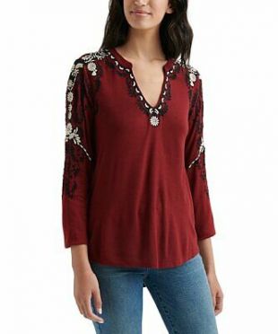 Lucky Brand brodÃ© manches longues Pullover Peasant Boho Top Cabernet XS Neuf avec Ã©tiquettes  | eBay