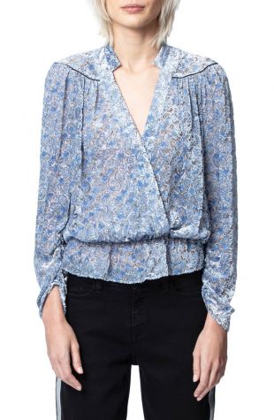 Tori Paisley Burnout Velvet Long Sleeve Blouse