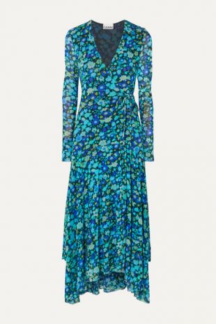 - Floral-print Stretch-mesh Wrap Midi Dress