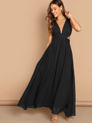 Black Neck Cut-Out  Pleated Bodice Flared Dress