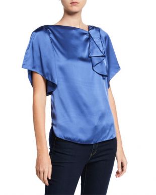 Tamra High-Neck Short-Sleeve Silk Satin Blouse